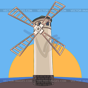 White lighthouse mill on background of rising sun. - vector image