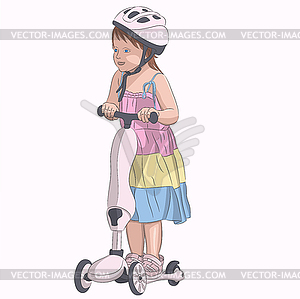 Little girl in dress rides pink scooter - color vector clipart