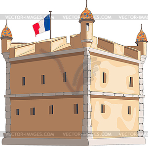 Old stone bastion with flag of France in Menton - vector clipart