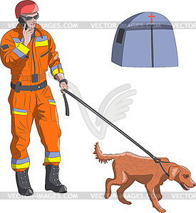 Man rescuer in special uniform with dog - vector EPS clipart