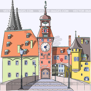 Germany. Regensburg. Old stone bridge and city gates - vector clipart