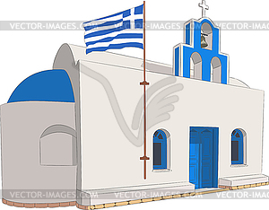 Traditional small Greek church under national flag - vector clipart