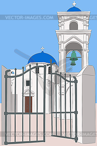 Traditional white Greek church with bell tower - vector image