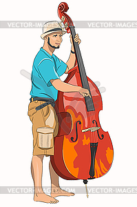 Young street musician in hat with double bass  - vector clip art