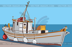 Large white fishing boat on background of sea  - vector EPS clipart