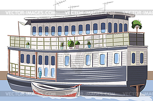 Wooden houseboat built on an old barge - vector clipart