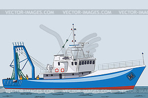 Blue fishing seiner on background of sea - color vector clipart