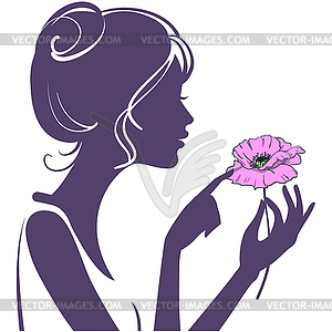 Pretty young girl with pink poppy flower. Silhouett - vector clipart