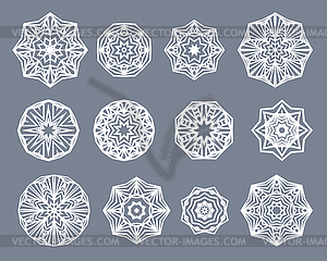 Mandalas set. White snowflakes on gray - vector clipart