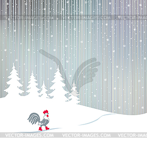 Cock walking on snowy winter magical forest - color vector clipart