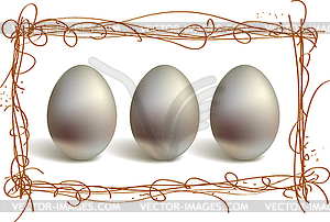 Three Silver Eggs in nest frame - vector image