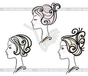 Portrait of three female with stylised hairstyles - vector image