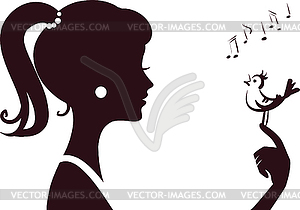 Young beautifu girl silhouette with little bird - vector clip art