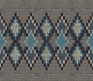 Seamless Knitted Pattern. Blue White Brown Color. - vector image