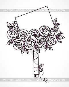 Bouquet of roses with message card. Hand drawing - vector image