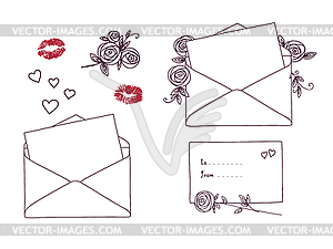 Open letter with kisses, roses and hearts - vector image