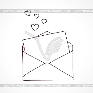 Open letter with hearts. Outline doodle graphic - vector clip art