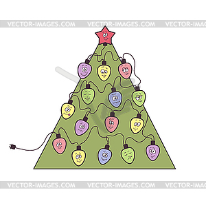 Christmas tree with garland. Fun bulbs with funny - vector image