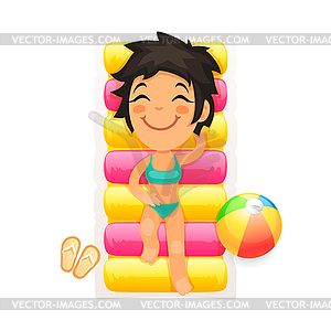 Young Girl Relaxing on Swim Mattress - royalty-free vector clipart