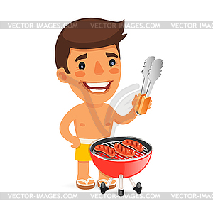 Young Man Cooking Sausages on Barbecue During Summer - vector image