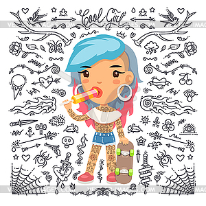 Cartoon Cute Tattoo Girl with Skateboard - vector image