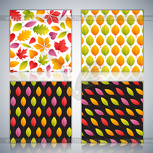 Four Seamless Patterns Set with Autumn Leaves - vector image