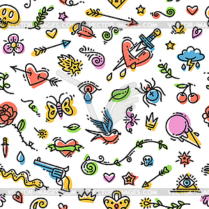 Colorful Funny Old School Tattoo Seamless Pattern - vector image