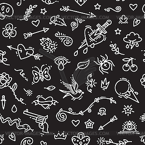 Old School Tattoo Seamless Pattern on Dark - vector clip art