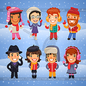 Cartoon Characters in Winter Clothes - vector image