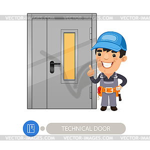 Technical Door and Worker - vector clipart