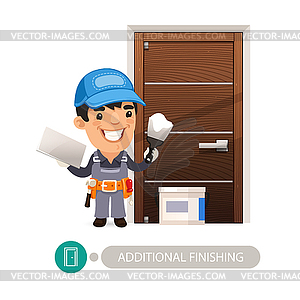 Worker Performs Finishing Doorway Work - vector clip art