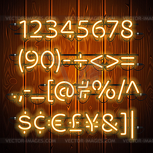 Glowing Neon Numbers on Wooden Background - vector clip art