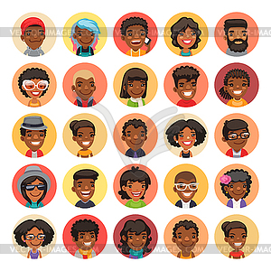 Flat African American Round Avatars on Color - vector clip art