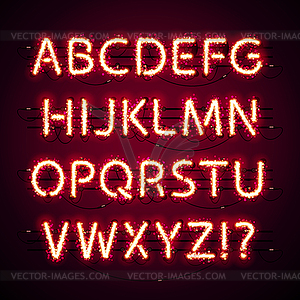 Glowing Neon Red Alphabet with Glitter on Dark - vector clipart