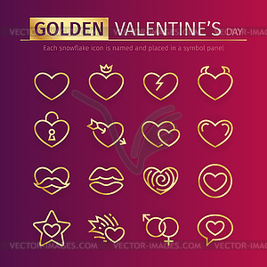 Golden Valentines Day Icons Set - vector image