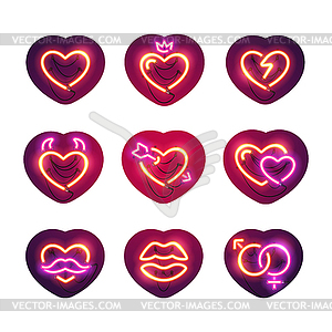 Glowing Neon Valentine Hearts Sticker Pack - vector clipart