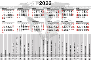  2022  calendar with world  map and time zones vector clip art