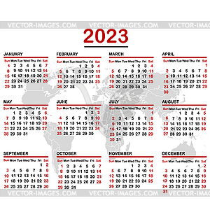 2023 calendar with world map - vector image