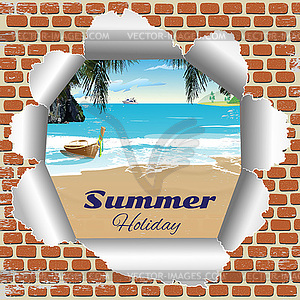 Brick wall with summer beach - vector clipart