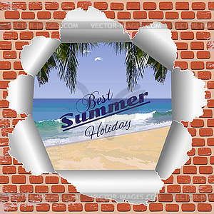 Brick wall with summer beach - vector clip art