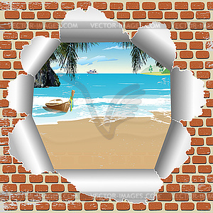 Brick wall with summer beach - vector image