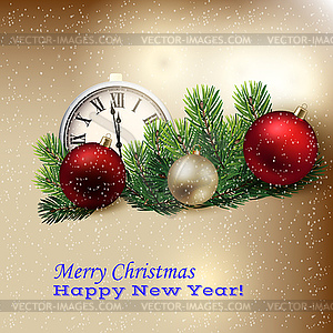 Clock and Christmas decorations - color vector clipart