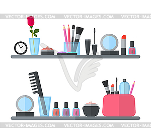 Make up cosmetic accessories on shelves. Flat design - vector image