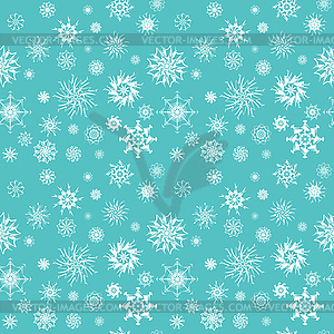 Elegant white snowflakes of various styles on blue - vector image