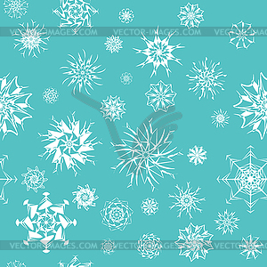 Elegant white snowflakes of various styles on blue - vector image