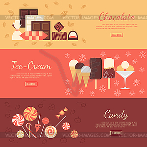 Horizontal banner set with chocolate sweets, ice - vector clipart