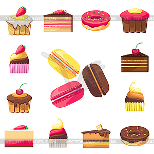 Set of fifteen delicious desserts for menu - vector image