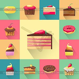 Confectionery set of cakes icons with shadows - vector image