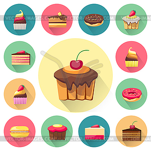 Confectionery set of cakes icons with shadows - vector clipart