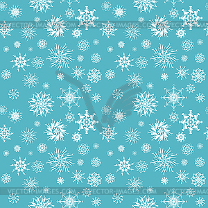 Elegant white snowflakes of various styles on blue - vector image